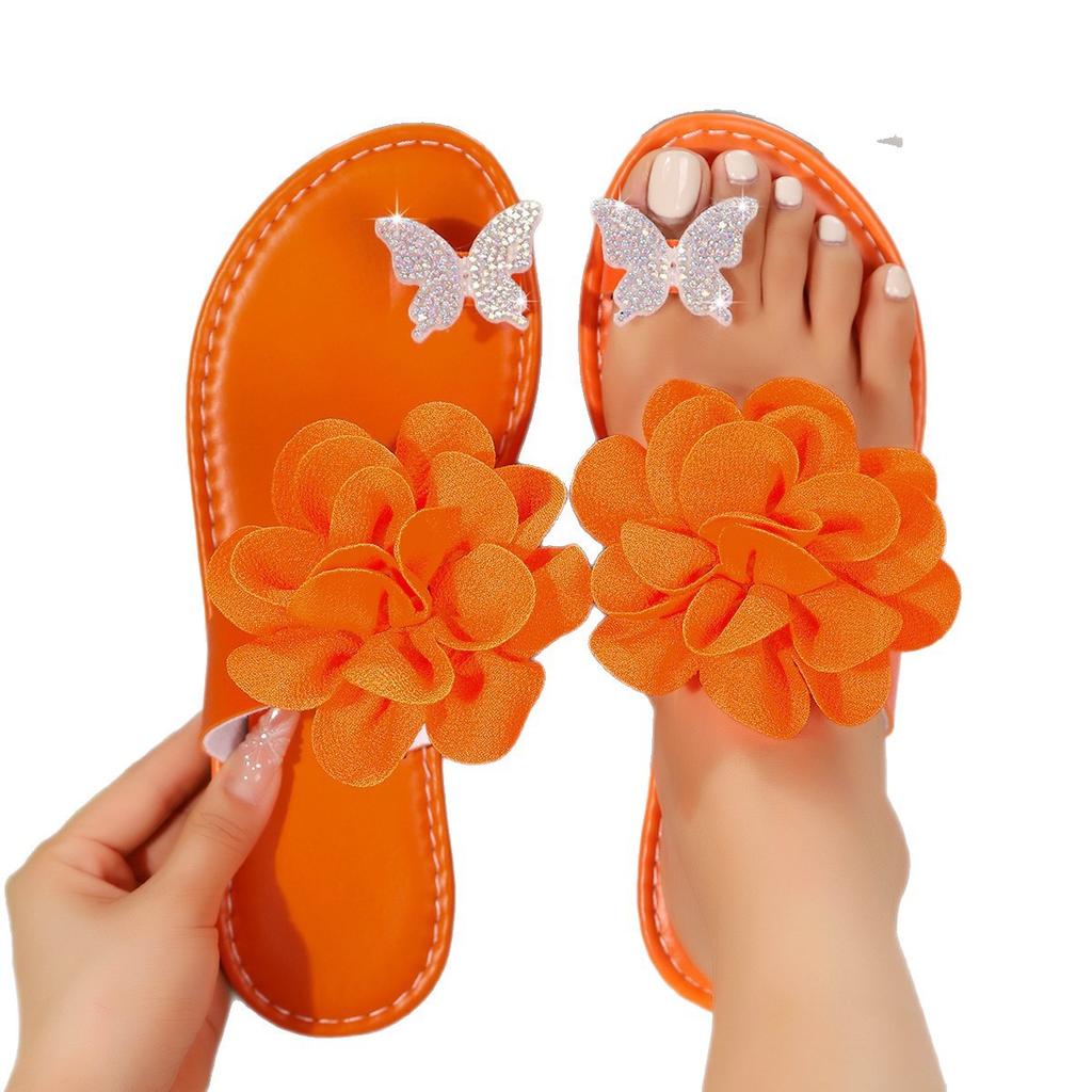 Foreign trade flower pinch foot flip-flops women wear beach flat women's shoes 2025 new European and American fashion