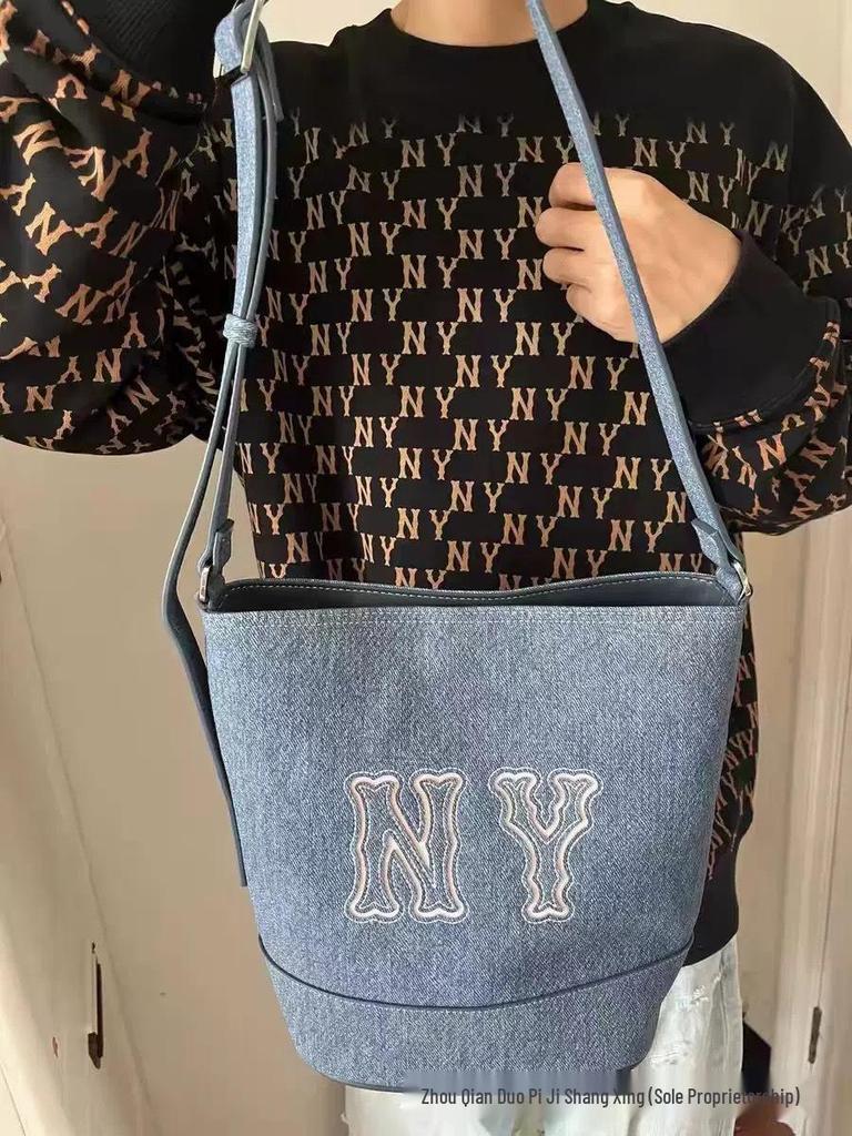 MLB25 Korea Denim Patchwork Bucket Handbag with Adjustable Shoulder Strap for Men and Women
