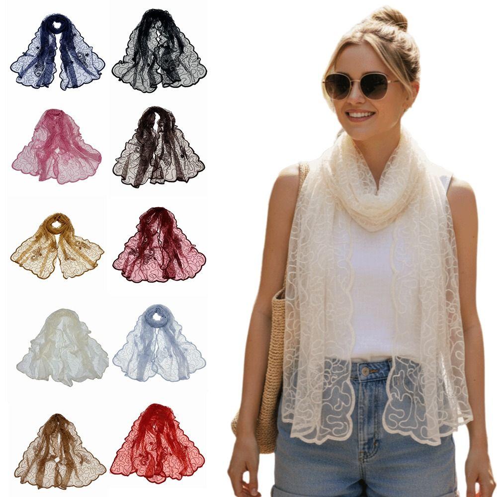 Elegant Embroidered Flower Lace Scarf Lightweight Breathable Mesh Sunscreen Shawl Long Silk Scarf Women