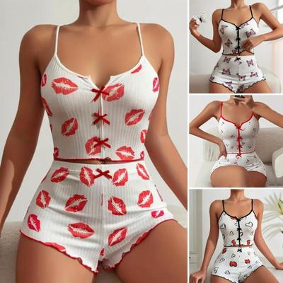 2 Teile/satz Frauen Sommer Pyjamas Anzug Schmetterling Herz Druck Ärmelloses Rückenfreies Cop Top Hohe Taille Mini Shorts Täglichen Nachthemd Slim Fit Nachtwäsche