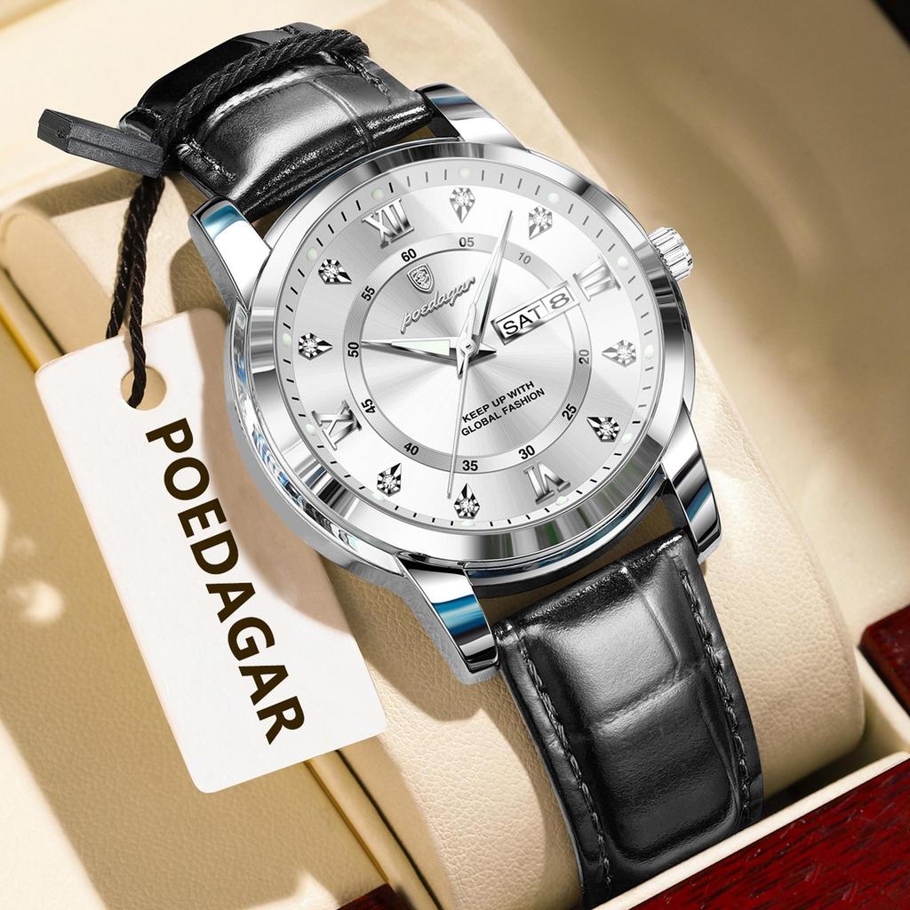POEDAGAR Luxury Business Men Watch Waterproof Luminous Week Date Fashion Classic Man Wristwatch Leather Sports Men's Quartz Watches