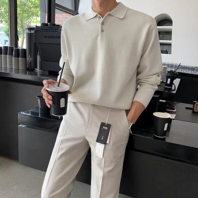 Spring New Men's Long-sleeved Loose All-match Solid Color Polo Collar Knitted Base Shirt