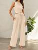 Women's Olive Green Sleeveless High Neck Crop Top with Wide Leg Pants Two-Piece Set
