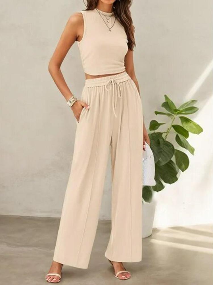 Women's Olive Green Sleeveless High Neck Crop Top with Wide Leg Pants Two-Piece Set