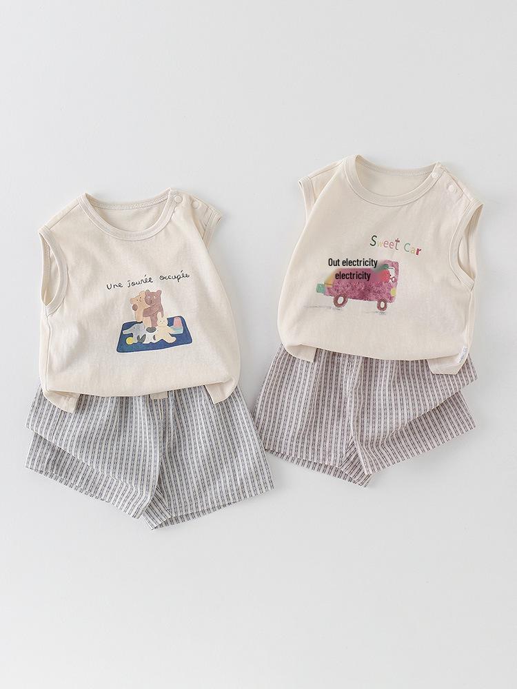 Cute Cartoon Tank Top & Casual Shorts Set for Baby Boys, Lightweight Summer Outfit for Infants & Toddlers, Class A.