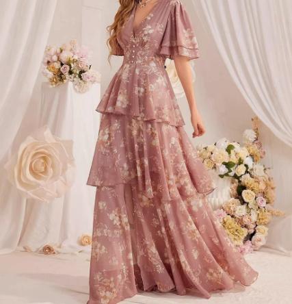 Women s V-Neck Sleeve Chiffon Floral Print Maxi Dress with High Waist and Ruffle Hem L
