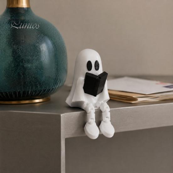 Desktop Ghost Ornament Reading Figurine with Articulated Legs, 3D Printed Sitting Statue, White Desk for Halloween Decoration Artistic
