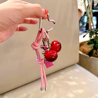 1Pc INS Korean Series Cherry Heart Pendant Cherry Keychain Pin 3D Leather Rope Car Keychain Color Collision Mobile Phone Sling