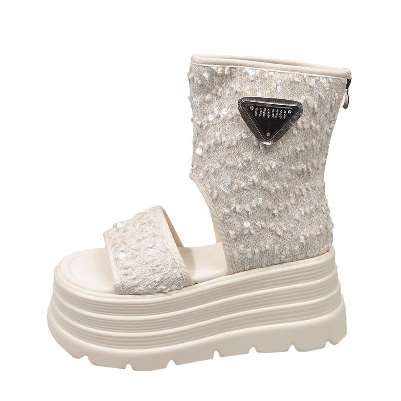 

Fashion 8CM Summer High top Sandals Wedge Heel Sneakers New 2025 Women Bling Beach Flip Flop High Platform Casual Sandals Breathable 34 бежевый