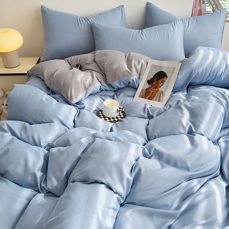 Conjunto de Roupa de Cama Simples de Algodão Lavado Duplamente Torcido - Lençol de Elástico e Capa de Cor Lisa