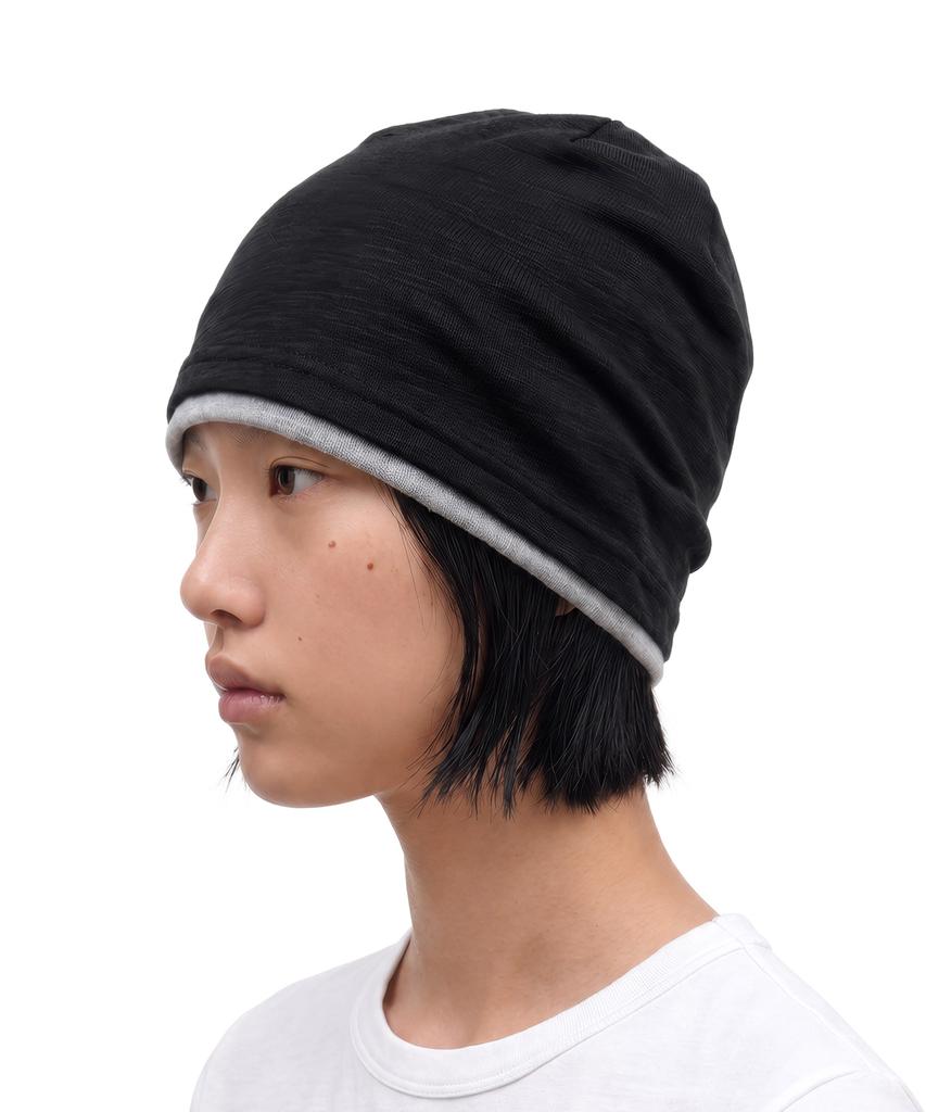 Eondeokeonteulol Cool Two-Tone Color Block Cotton Long Loose Fit Hat Beanie / Layered Slub / Black