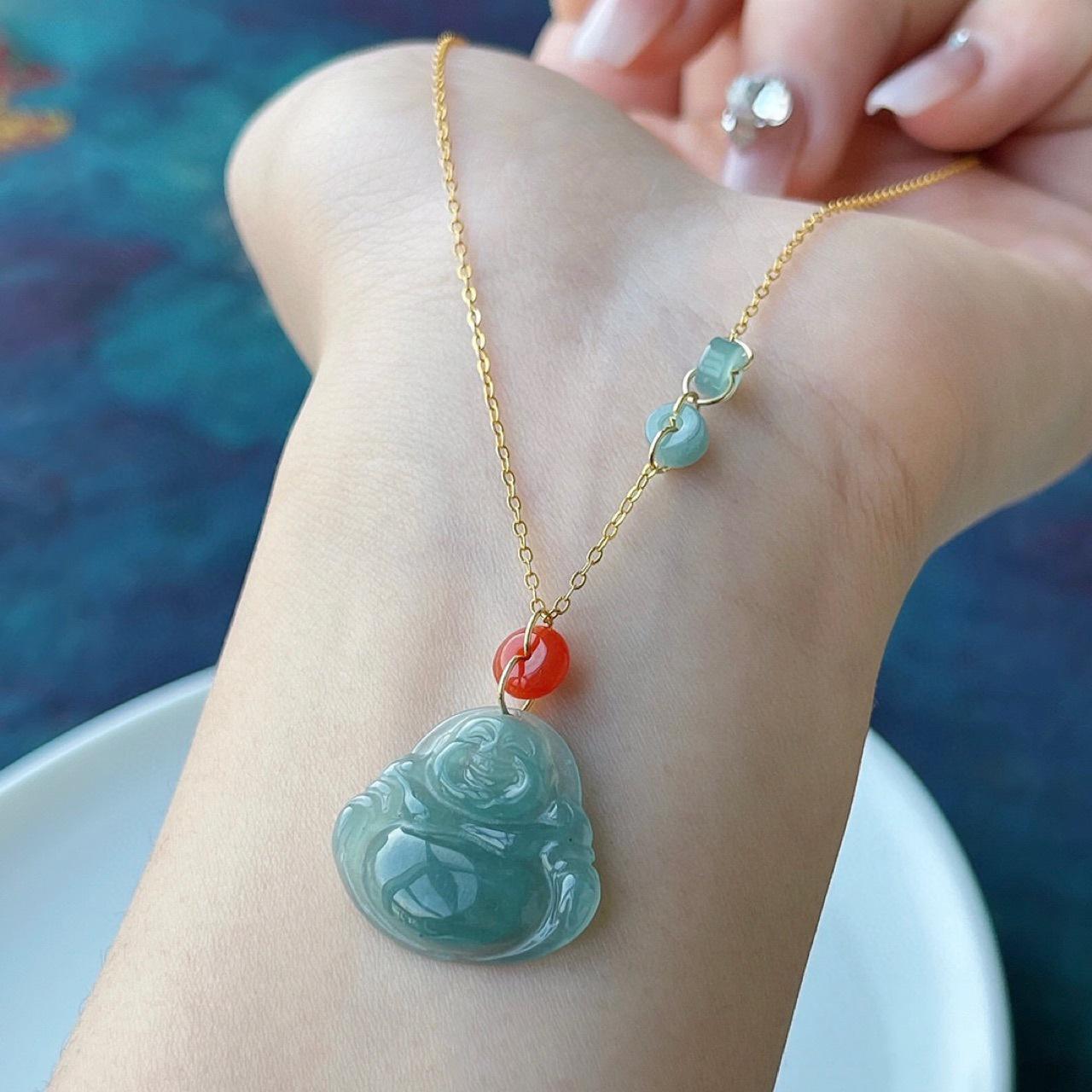 A-Grade Natural Jade Blue Water Small Buddha Pendant with Ice-Clear Finish and 925 Silver Necklace One Size