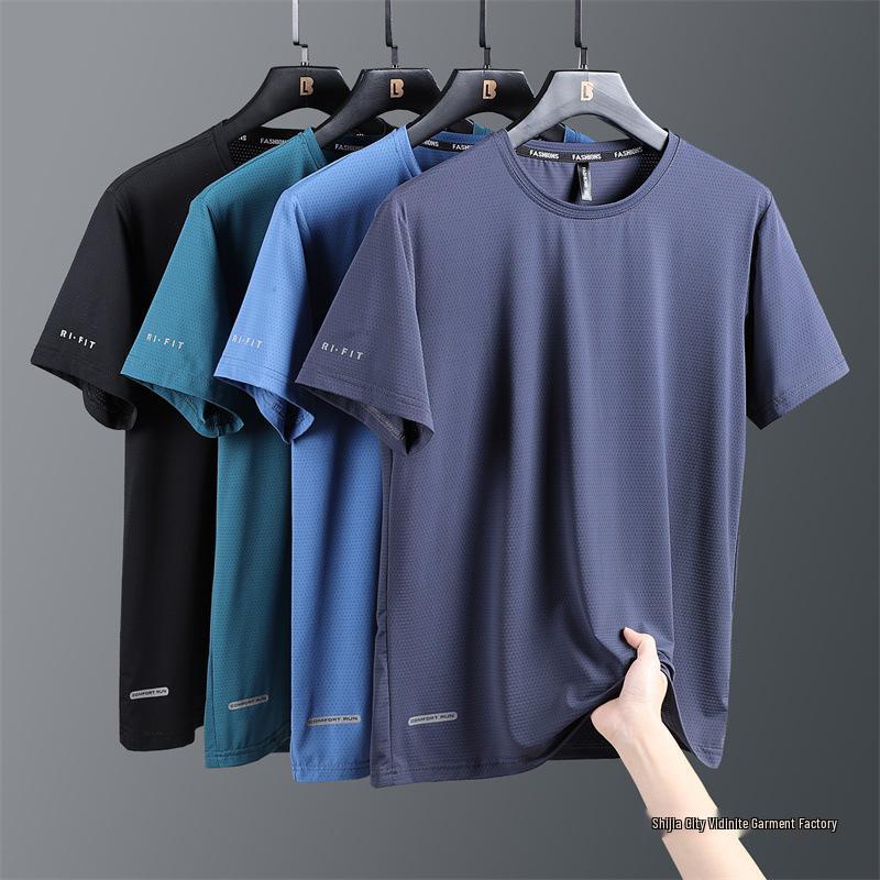 Herr Sommar Is-Silke Mesh Snabbtorkande T-shirt - Lös Passform, Casual Sport, Stor Storlek, Rund Hals, Kort Ärm, Tryckt Design.