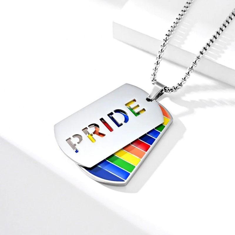 Stainless Steel LGBT Gay Lesbian Love Pride Necklaces Enamel Rainbow Flag Double Pendant Necklace