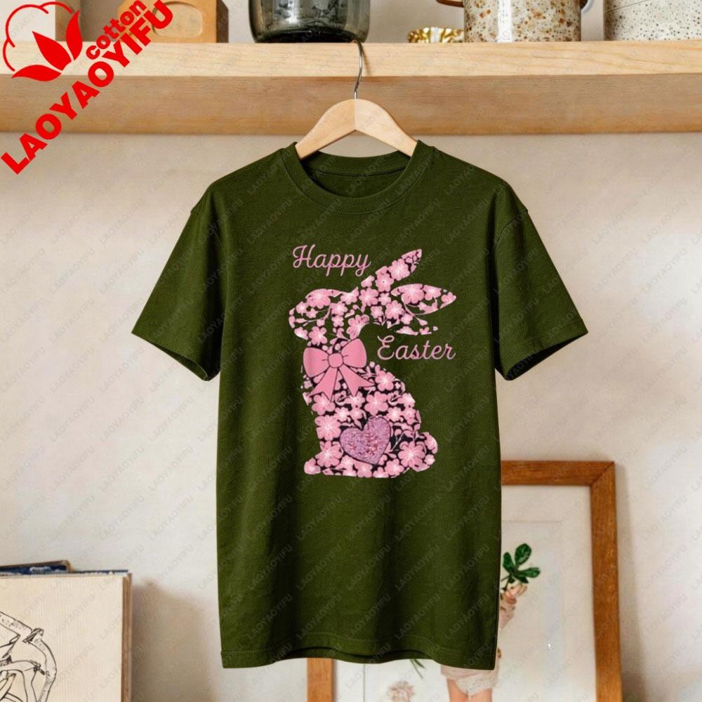 Happy Easter Pink Floral Chinoiseries Bunny Bow TShirt Holiday Party Gift Cute Rabbit Unisex TopsOneck Short Sleeve Graphic Tops