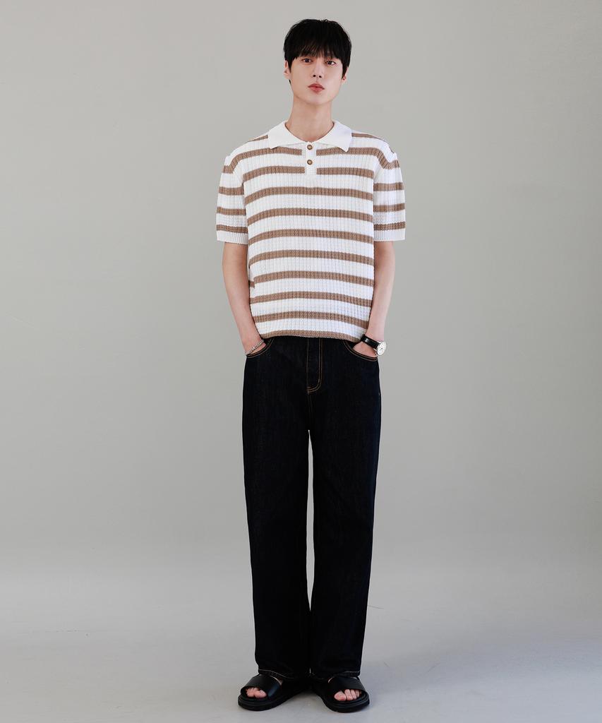 NODU Waffle Stripe Collar Crop Half Knit [Ivory]