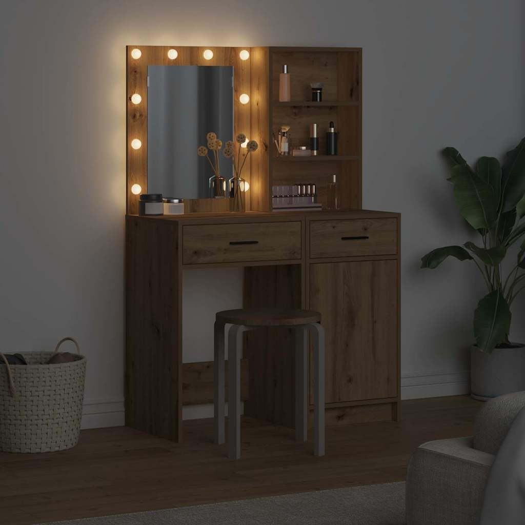 Makeup Vanity Set with LED 2 pcs Artisan Oak Wood Based Material