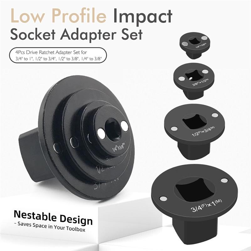 Low-Profile Impact Socket Adapter Set 3/4 to 1,1/2 to 3/4,1/2 to 3/8,1/4 to 3/8 Drive Ratchet Adapter 4 Pcs Socket Adapter Set