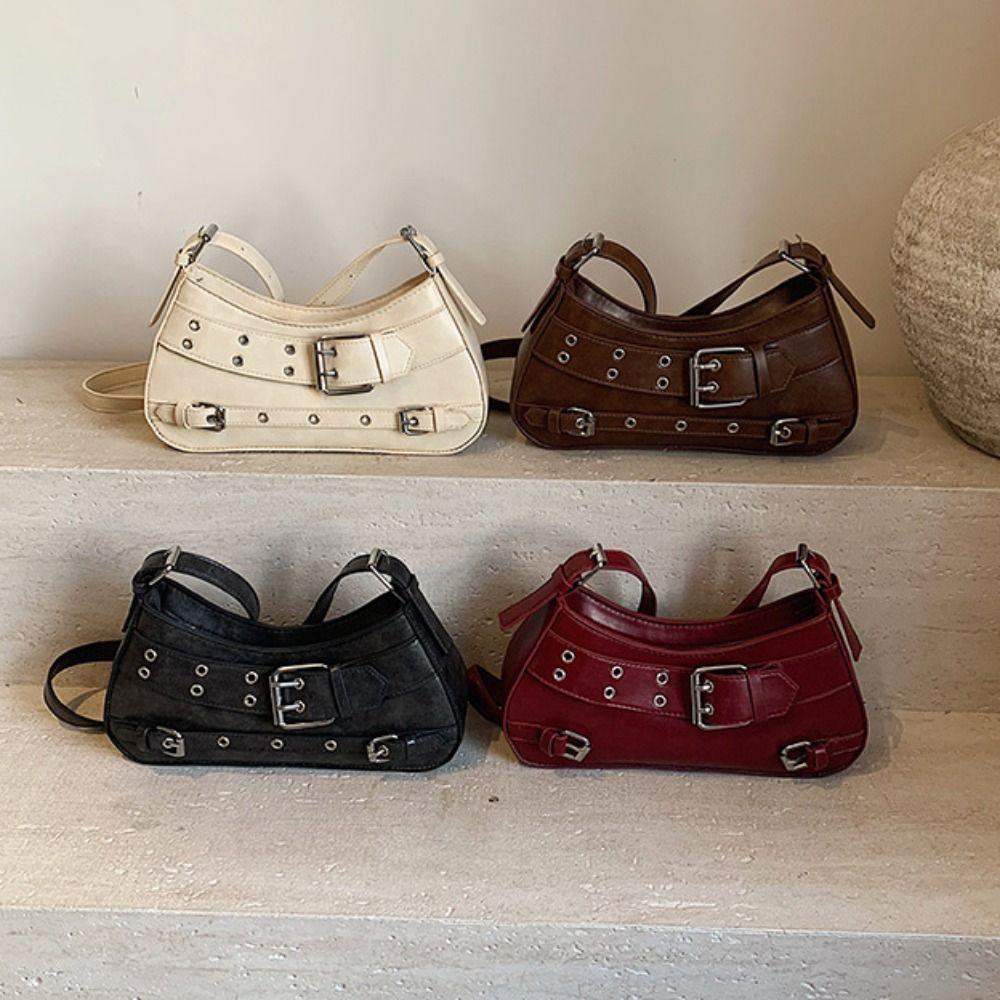 Pu Leather Belt Buckle Shoulder Bag Elegant Spicy Girls Handbag Trendy Y2k Underarm Bag  Club