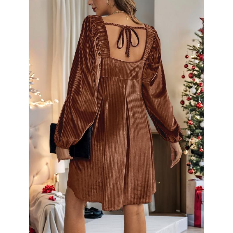 VEZFAA Women's Fashion Spring Fall Solid Color Print Long Sleeve Square Collar Loose Waistline Casual Dresses