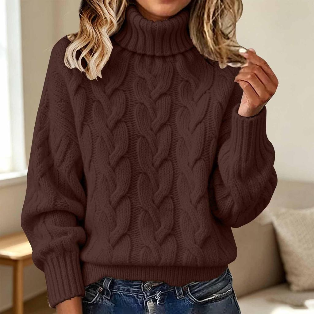Damen-Strickpullover mit Rollkragen, langen Ärmeln, einfarbig und mit Zopfmuster