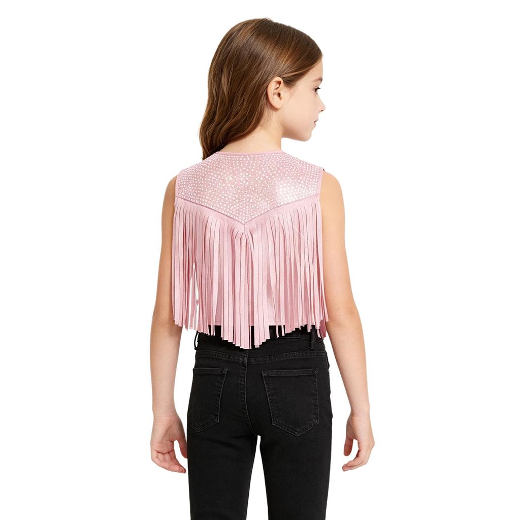 Girls Western Cowgirl Sleeveless Vest Tassel Fringe Sparkly Rhinestone Open Front Waistcoat for Country Music Festival Halloween