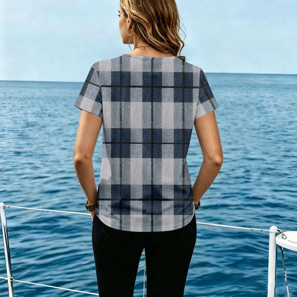 Women’s Casual Plaid Crew Neck Short Sleeve T Shirt Button Front Loose Fit Lightweight Pullover Top for Daily Wear