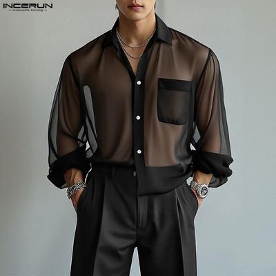 Übergroße Herren Reverskragen Überschnittene Schultern Langarm Durchsichtige Mesh Hemden Tops