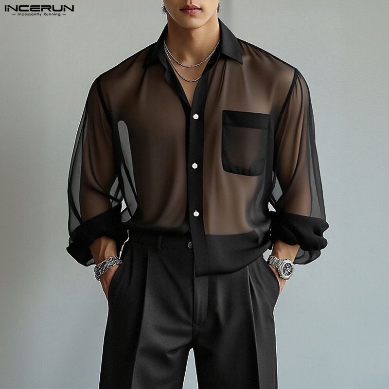 INCERUN Oversized Men Lapel Neck Drop Shoulder Long Sleeve See Through Mesh Shirts Tops