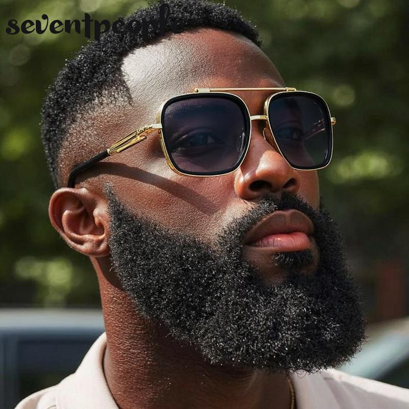 Oversized Square Steampunk Sunglasses Men Luxury Brand Vintage Metal Double Beam Sun Glasses Trendy Outdoor Shades For Male
