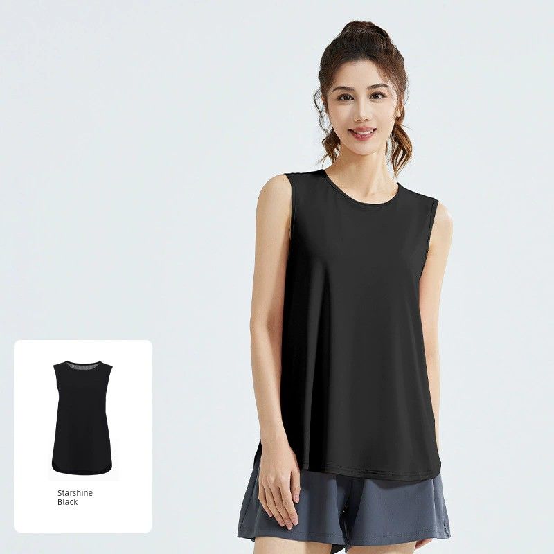 

Sport Sports Vest Women Summer Gym Loose Mesh Sleeveless Pilates Top Navel Yoga Cover up Black M