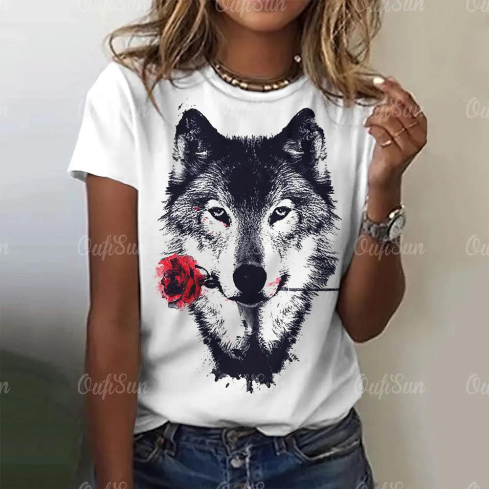 3D Wolf Print Women's T-shirt Summer Fashion Animal Gothic T-shirt Short Sleeve Round Neck Hip Hop T-shirt Oversized Women's Clothing Y2K
