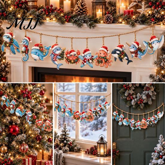 Holiday Party Decorations for Home Christmas Wooden Sea Animal Pendants, 2D Flat Ocean Themed Cartoon Figures, Decorative Cute Life Ornaments