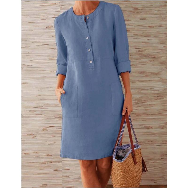 Plus Size Women's Cotton-Linen Long Sleeve Dress with Round Neck