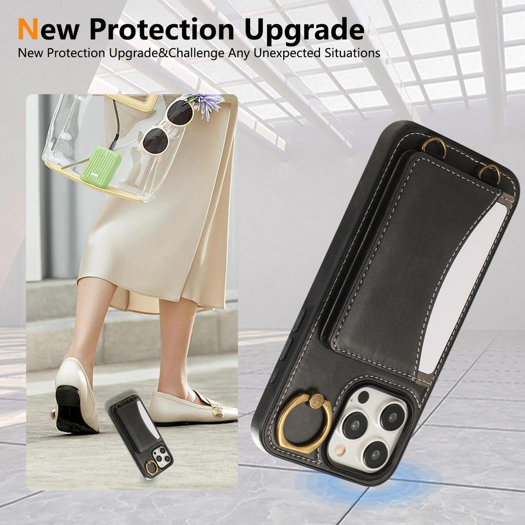 For iPhone 14 Pro Max PU Leather Back Case Card Holder Kickstand Phone Cover with Wrist Strap