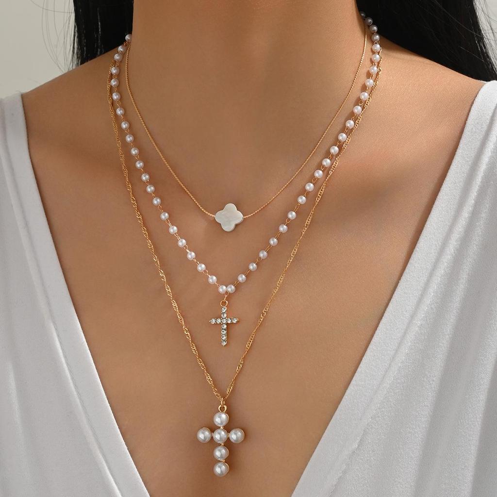 Rhinestone Pearl Cross Pendant Multi-Layer Choker Necklace: European & American Fashion Jewelry