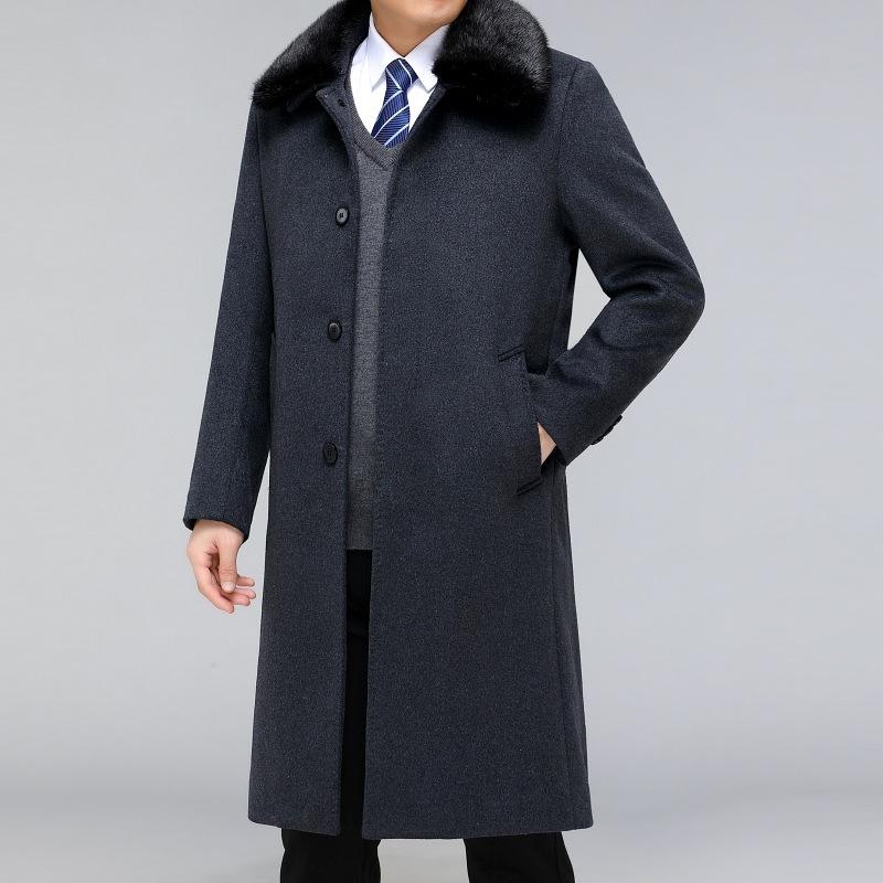 

Высококачественный меховой воротник, зимнее утолщенное пальто из шерсти среднего возраста, длинное мужское пальто из кашемира и шерсти выше колена 200