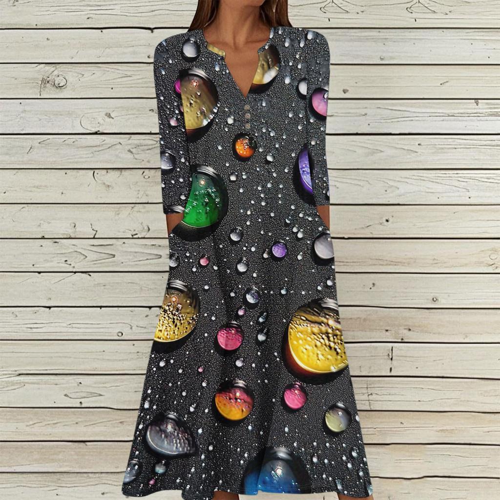 Women's Summer Casual V-Neck Button Vintage Floral Print Three-quarter Sleeve Long Dress With Pockets