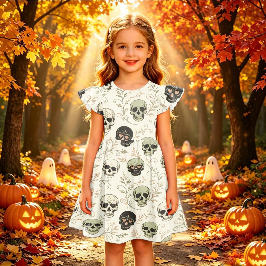 Kids Casual Halloween Printed Sleeve Dress for Party and Holiday