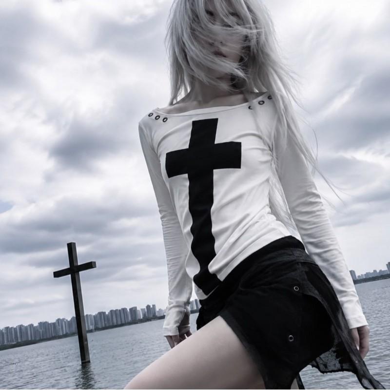 2026 Cross Print Crew Neck Cutout Slim Fit Long Sleeve T-Shirt Street Gothic Style Casual Top