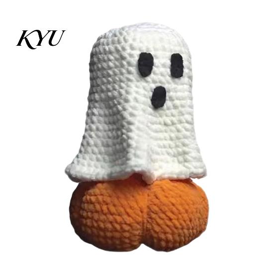 Halloween Shelf Decor Knitted Ghost Pumpkin Ornament, Handmade Cute Crochet Figurine, Fall Home Accents Festive Miniature Handicraft Ornament