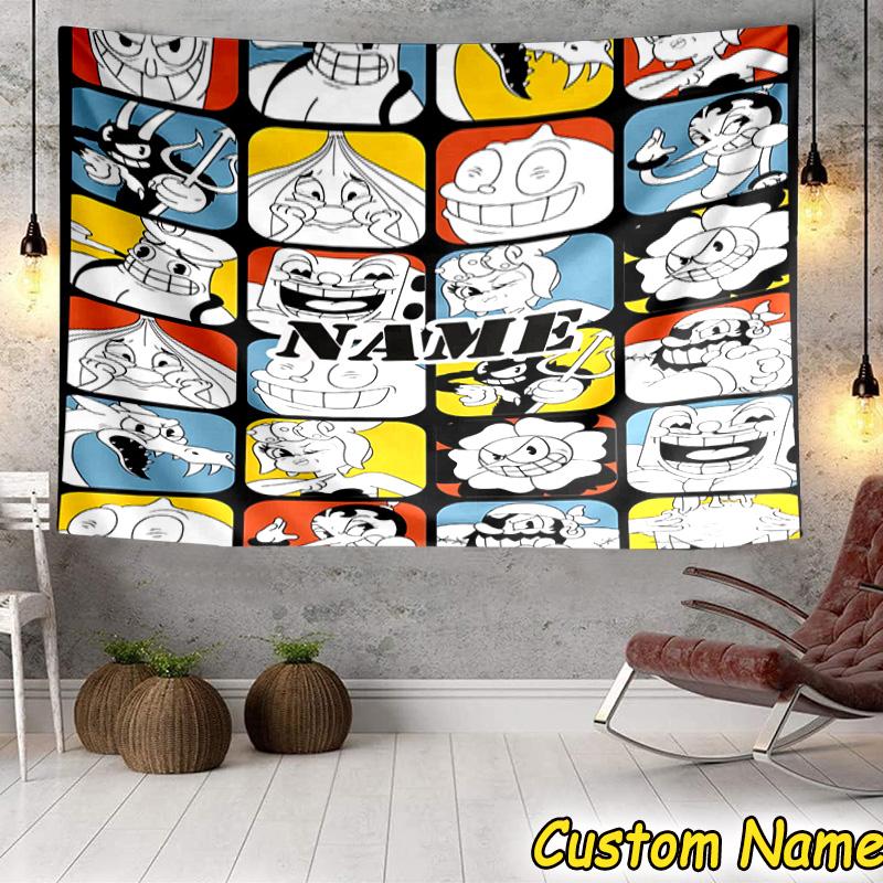 Custom Name Tapestry Cuphead Tapestry Room Decoration Wall Hanging for Living Room Bedroom, Dormitory, Birthday and Christmas Gifts