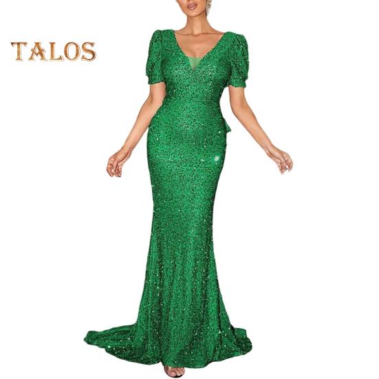 

Женское вечернее платье с блестками, короткими рукавами-фонариками, V-образным вырезом, облегающим кроем, длиной до пола, большим бантом сзади, средней талией, для коктейльной вечеринки, свадьбы, банкета, макси XL темно-зеленого