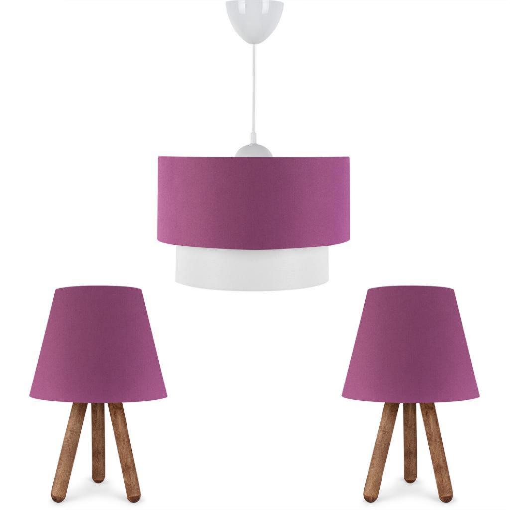 

Art Triple Chandelier and Lampshade Set Wooden Leg Purple Fabric Headboard