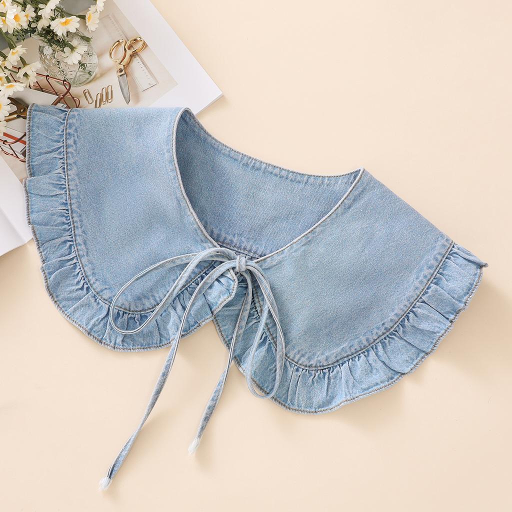 Women's Washed Denim Shawl Collar with Pleated Lace and Fashionable Fake Collar