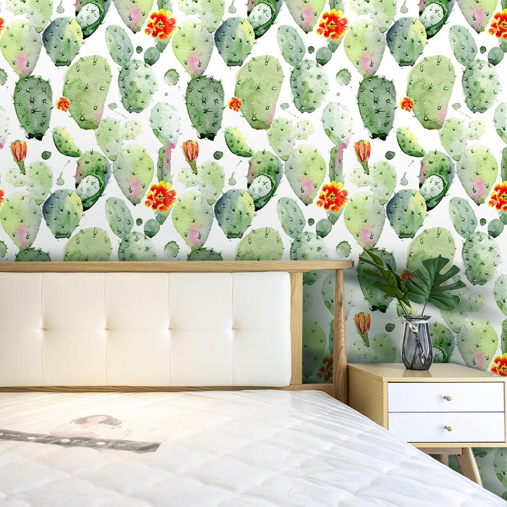 1pc Watercolor Cactus & Green White Floral Peel And Stick Removable Wallpaper Self-Adhesive for Bedroom Home Decor
