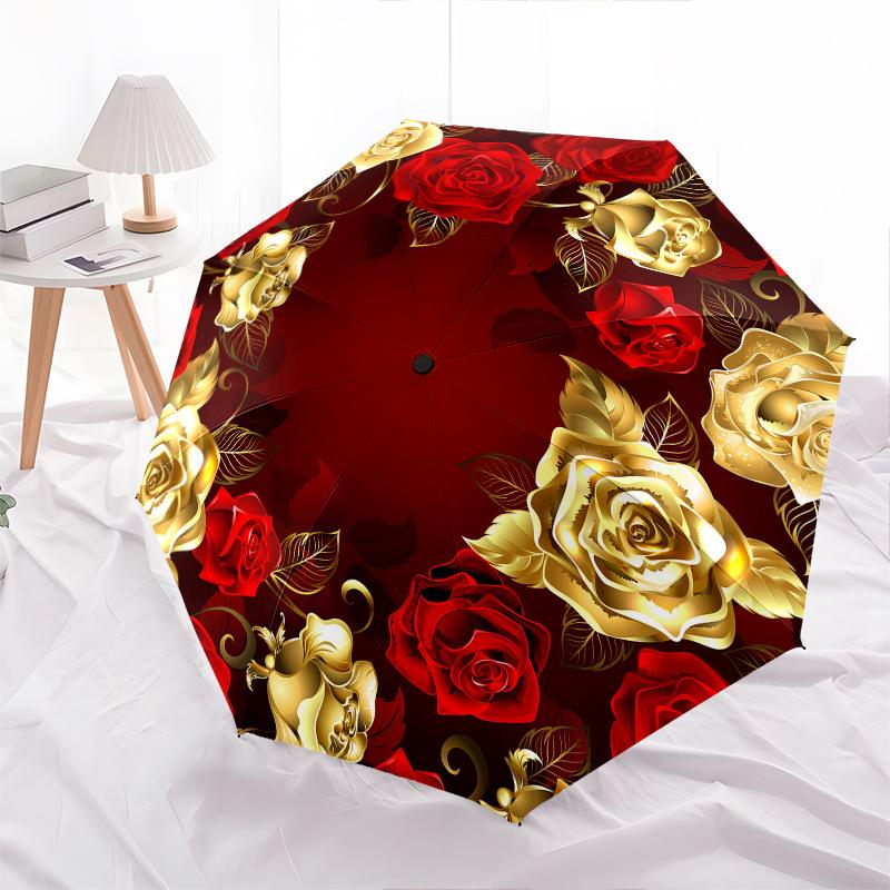 Golden Roses,Red Background Automatic Folding Umbrella 8 Rib Lightweight Design, Durable Iron Frame, Compact and Portable, Perfect Gift Fo