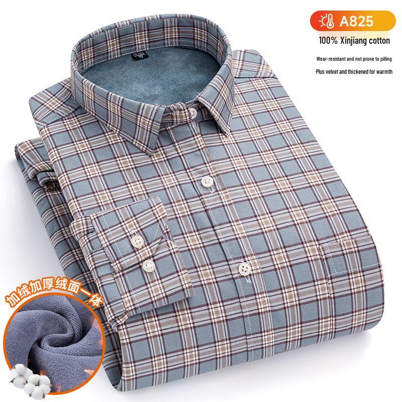 New Plus Size Velvet-Lined Men's Pure Cotton Plaid Shirt - Warm, Thickened for Autumn/Winter Cold Protection