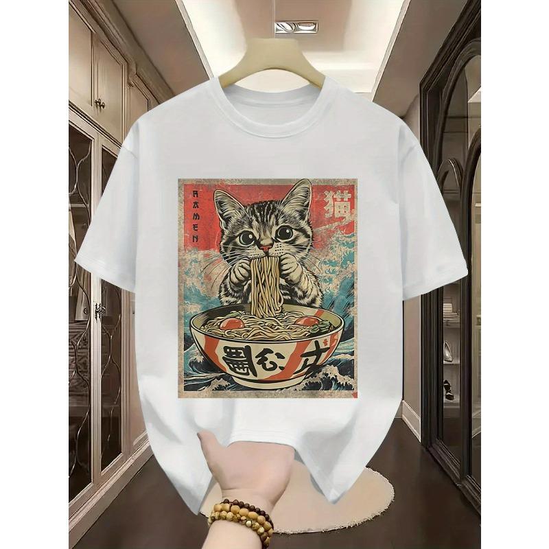 Rozmiary europejskie 1 szt. Uroczy Kot Ramen Anime Koszulka, Wyłącznie dla Mężczyzn, Okrągły Dekolt, Krótki Rękaw, Regularny Krój, Codzienny Strój na Weekend