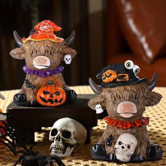 1/2Pcs Halloween Highland Cow Figurine Pumpkin Skull Highland Cattle Statue Resin Sculpture Holiday Party Decoration Ornament
